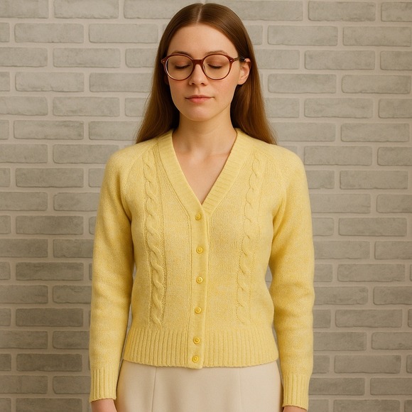 Vintage Sweaters - Vintage 70s Yellow Acrylic Cardigan Sweater Womens S Button Front Cable Knit